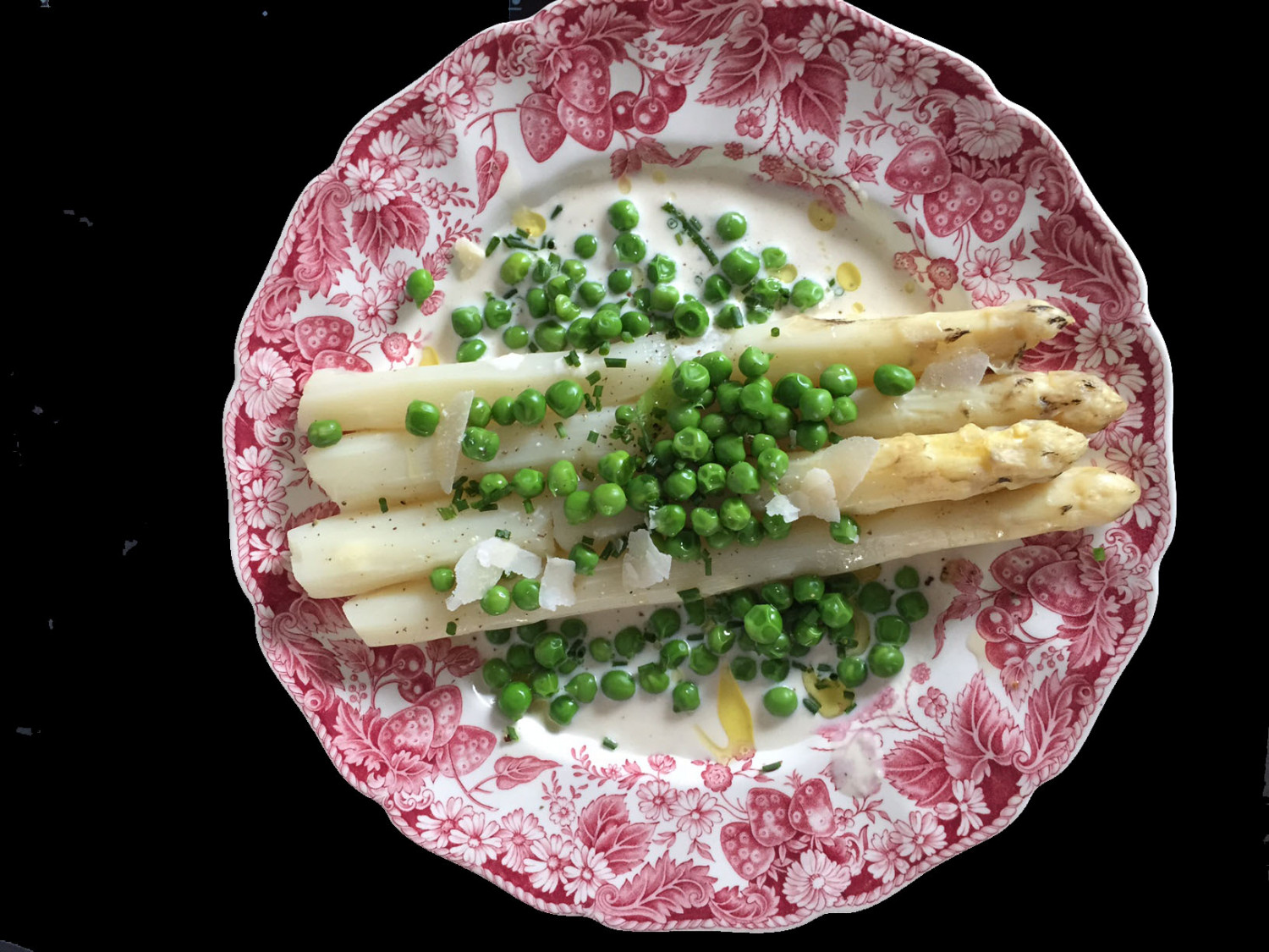Asperges crème de parmesan petits pois