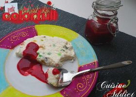Nougat glacé et son coulis de framboises