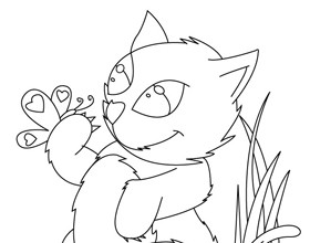 Coloriage : chat et papillon