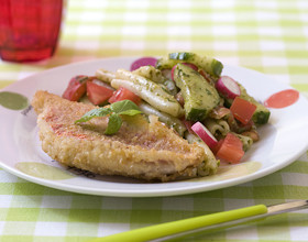 Filet de rouget croustillant et sa salade de pâtes au pesto