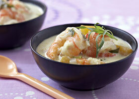 Gambas au lait de coco, mangue et estragon