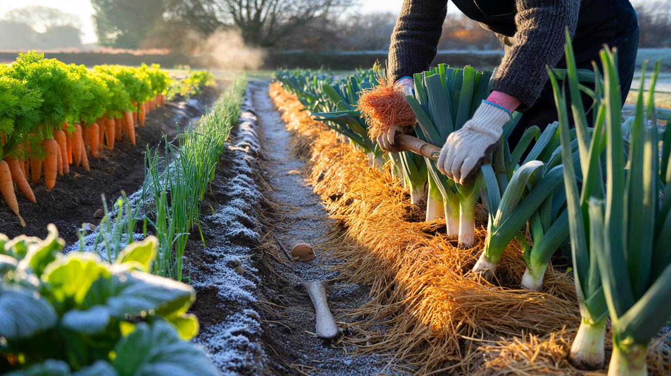 Ce geste crucial pour sauver poireaux, carottes et céleris du gel : voici l&rsquo;astuce des 15 à 20 cm que les jardiniers oublient