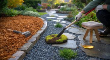 Ce plan simple pour des allées propres toute l’année : 4 à 5 cm de paillage, pierre sèche et désherbage malin, sans se ruiner le dos