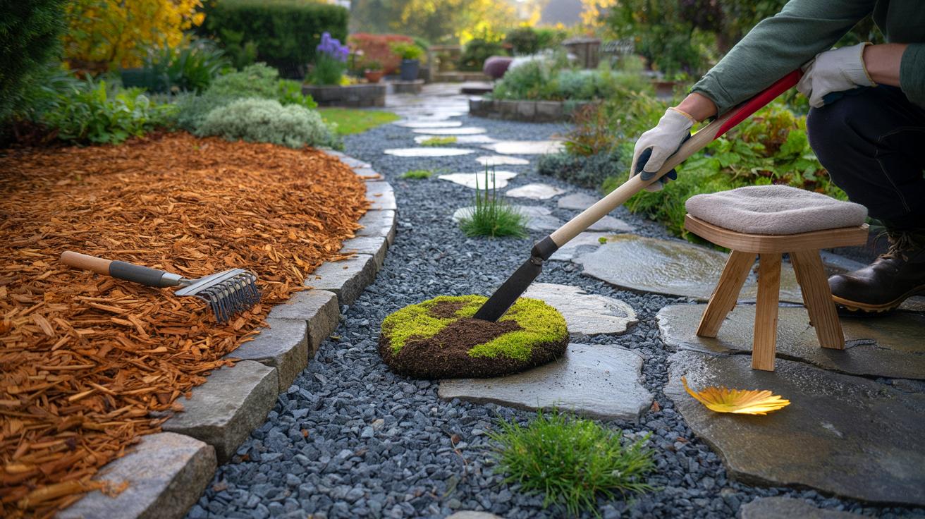 Ce plan simple pour des allées propres toute l’année : 4 à 5 cm de paillage, pierre sèche et désherbage malin, sans se ruiner le dos
