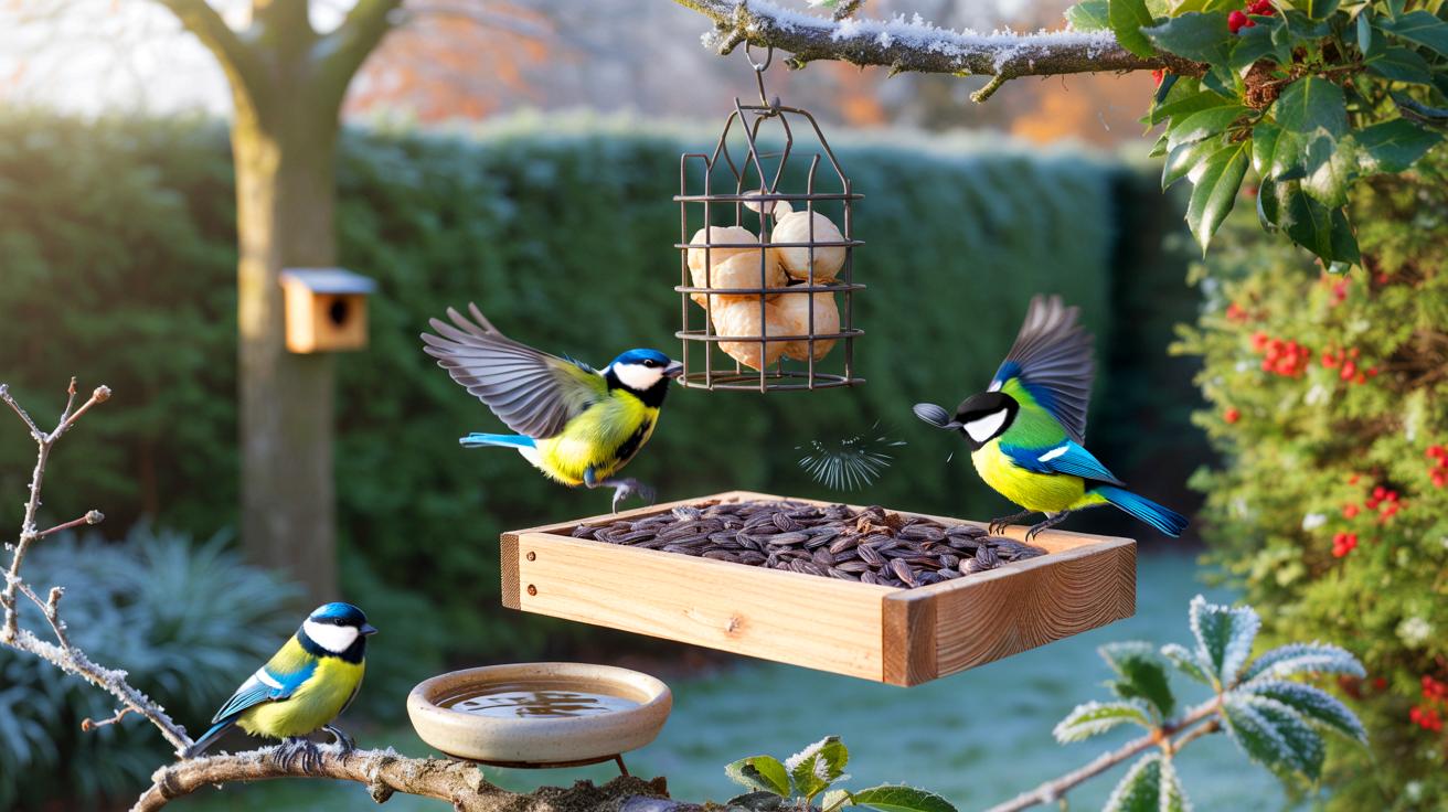 Ce réflexe d’expert dès novembre pour les mésanges : un point de nourrissage avec graines de tournesol et boules de graisse pour éviter leur fuite