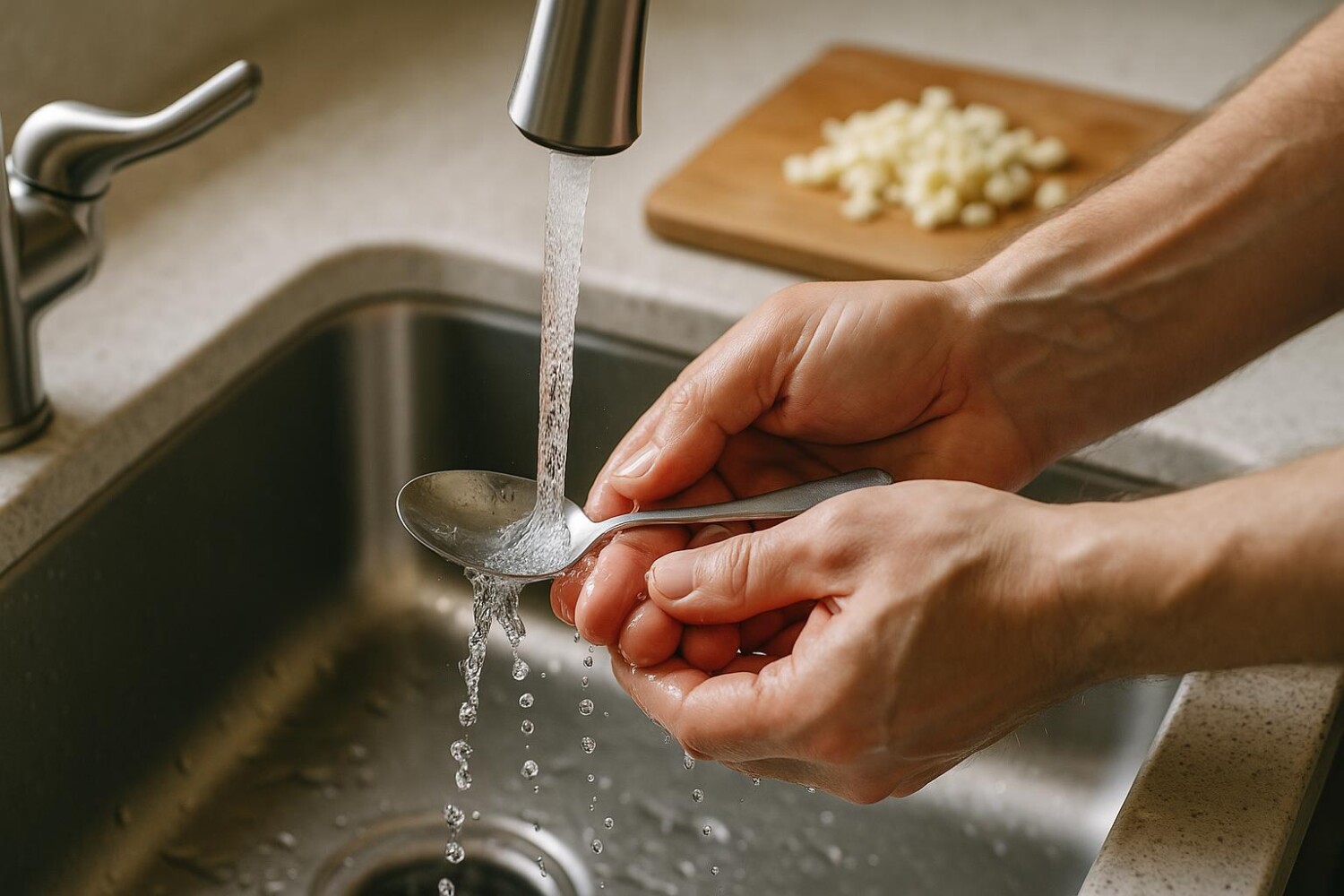 Fini les odeur d’ail sur les mains, l&rsquo;astuce de la cuillère en inox la fait vraiment disparaître en 30 secondes