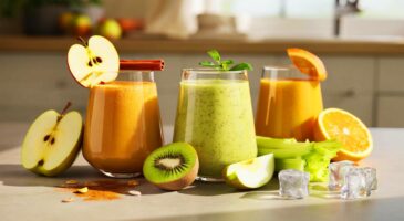 Voici 3 smoothies minceur d’automne: ce mélange pomme-butternut, une version poire-kiwi-céleri et un rose orange-betterave pour énergiser les matins