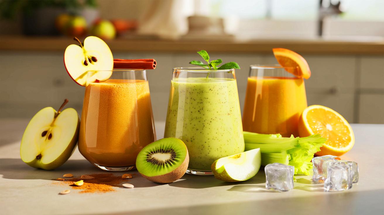 Voici 3 smoothies minceur d’automne: ce mélange pomme-butternut, une version poire-kiwi-céleri et un rose orange-betterave pour énergiser les matins