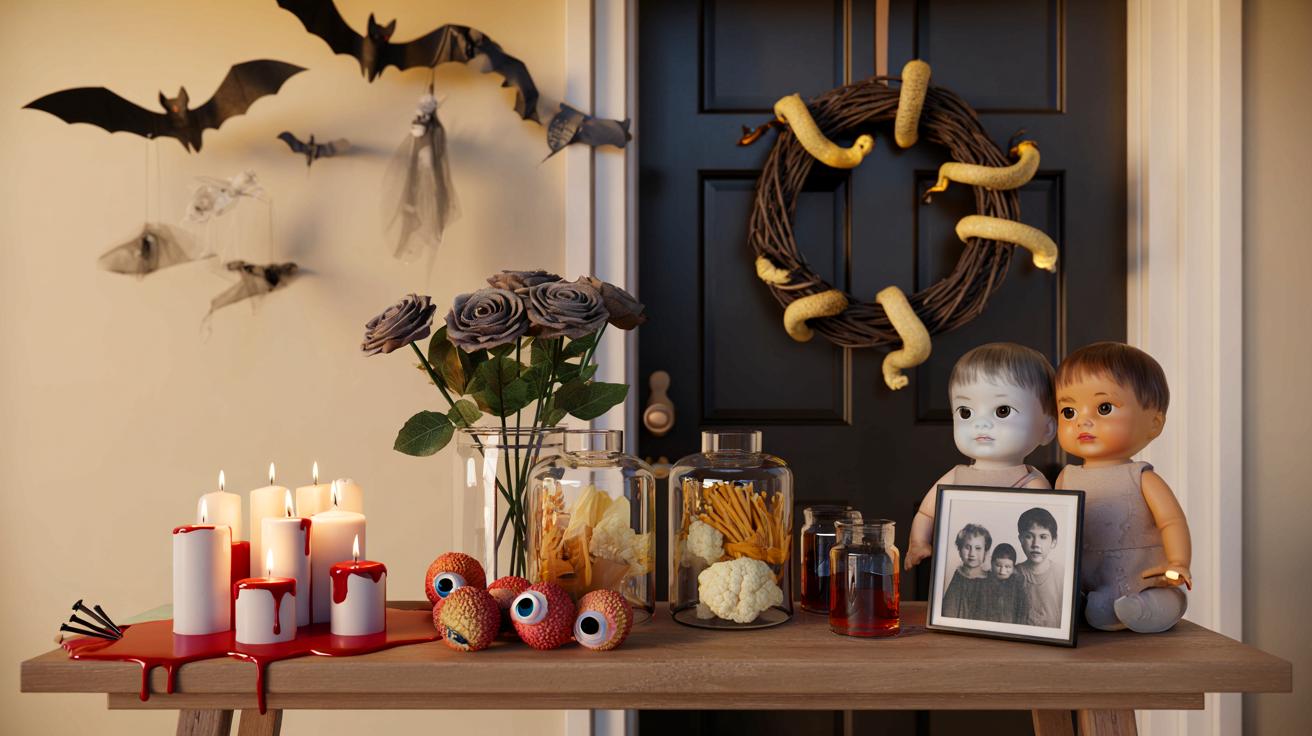 Voici 9 idées de déco d&rsquo;Halloween pas chères que vos enfants vont adorer, avec des bougies qui saignent et des chauves-souris