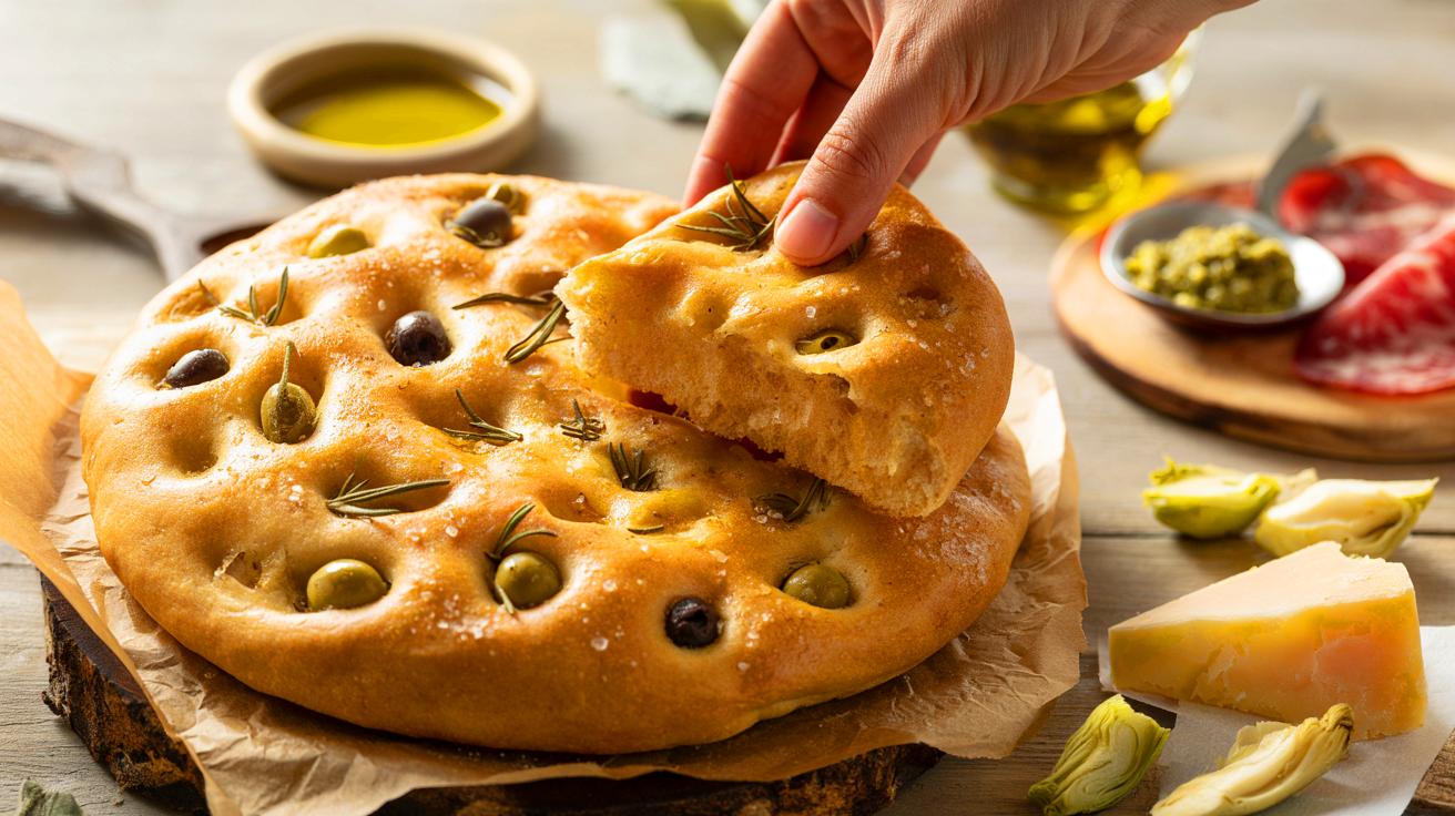 Voici la focaccia moelleuse aux olives et romarin : la recette à 500 g de farine, dorée en 20 à 25 minutes à 220 °c pour l’apéro