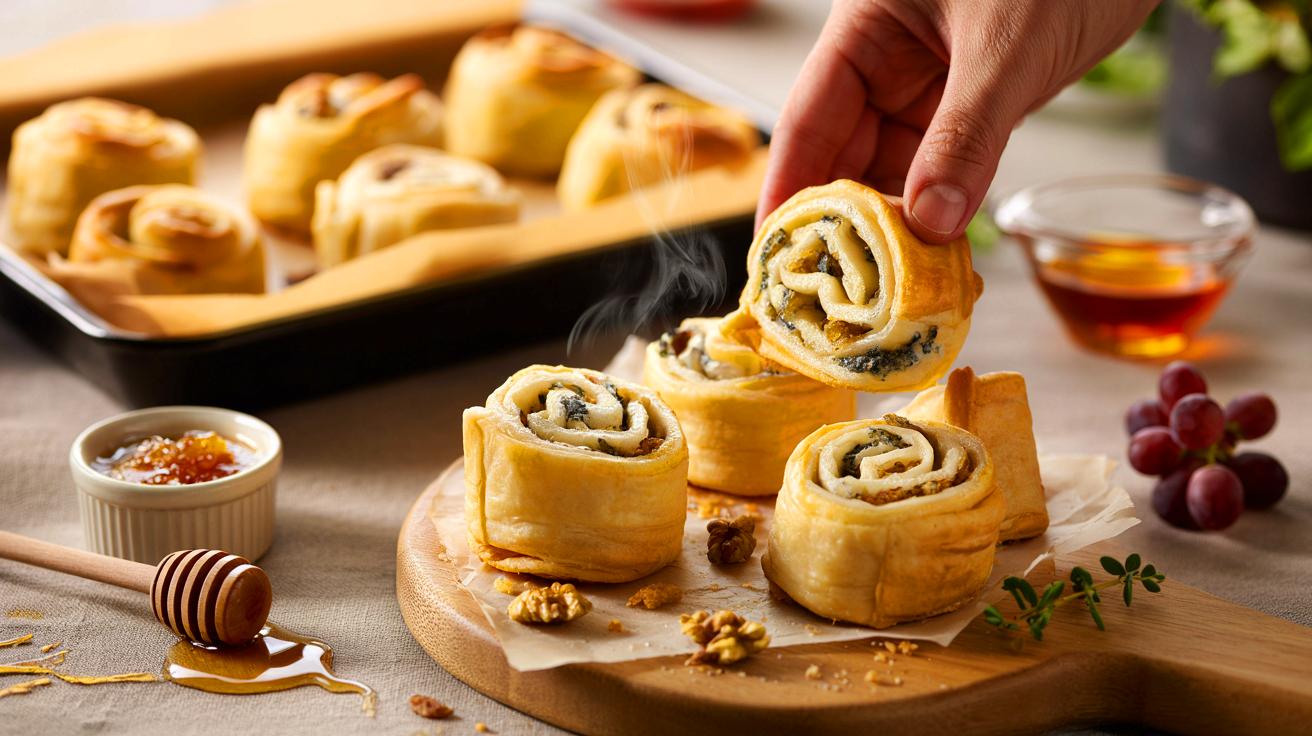 Voici la pâte feuilletée oubliée qui revient en star: des roulés au bleu et noix prêts en 20 minutes à 200 °c pour l’apéro