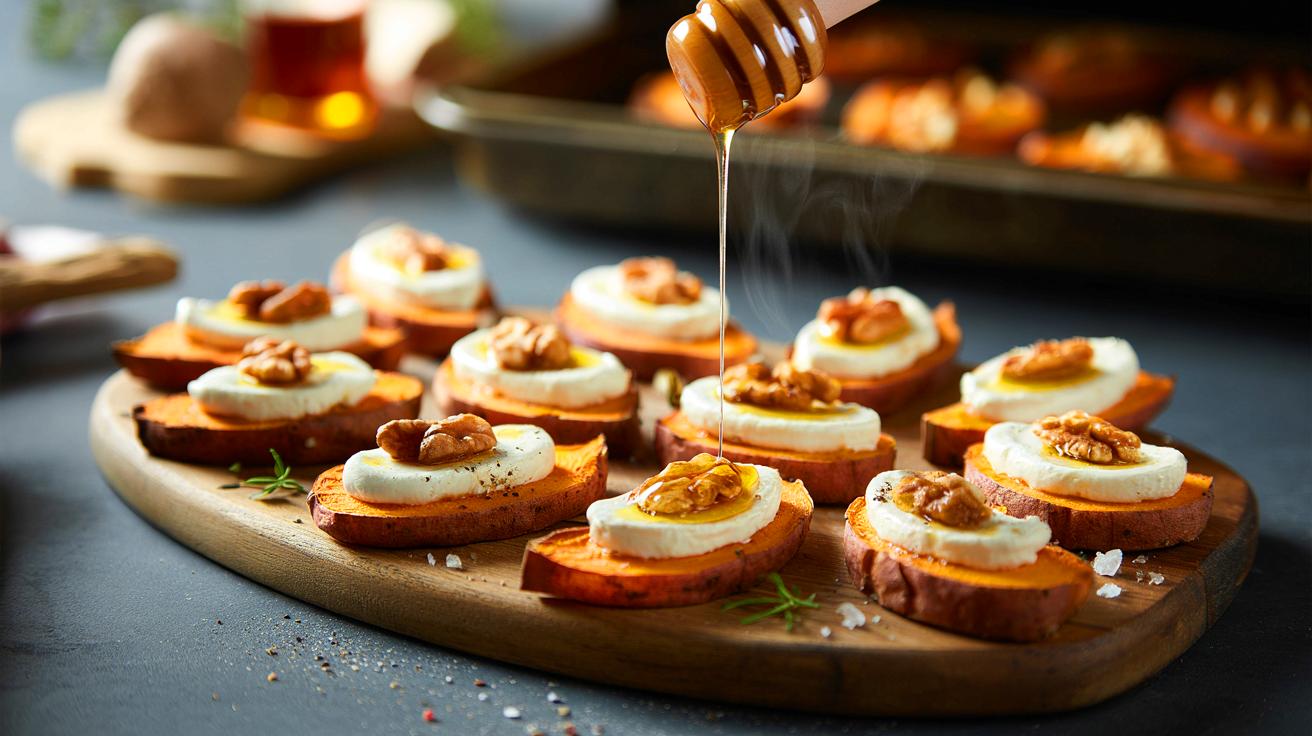 Voici la recette des toasts d’automne à la patate douce rôtie et chèvre frais, 12 bouchées prêtes en 20 minutes à 200 °C