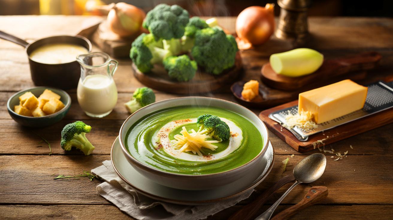Voici la soupe de brocoli à la crème et cheddar, 800 g de brocoli et 100 g de fromage pour un velouté qui réchauffe l’automne