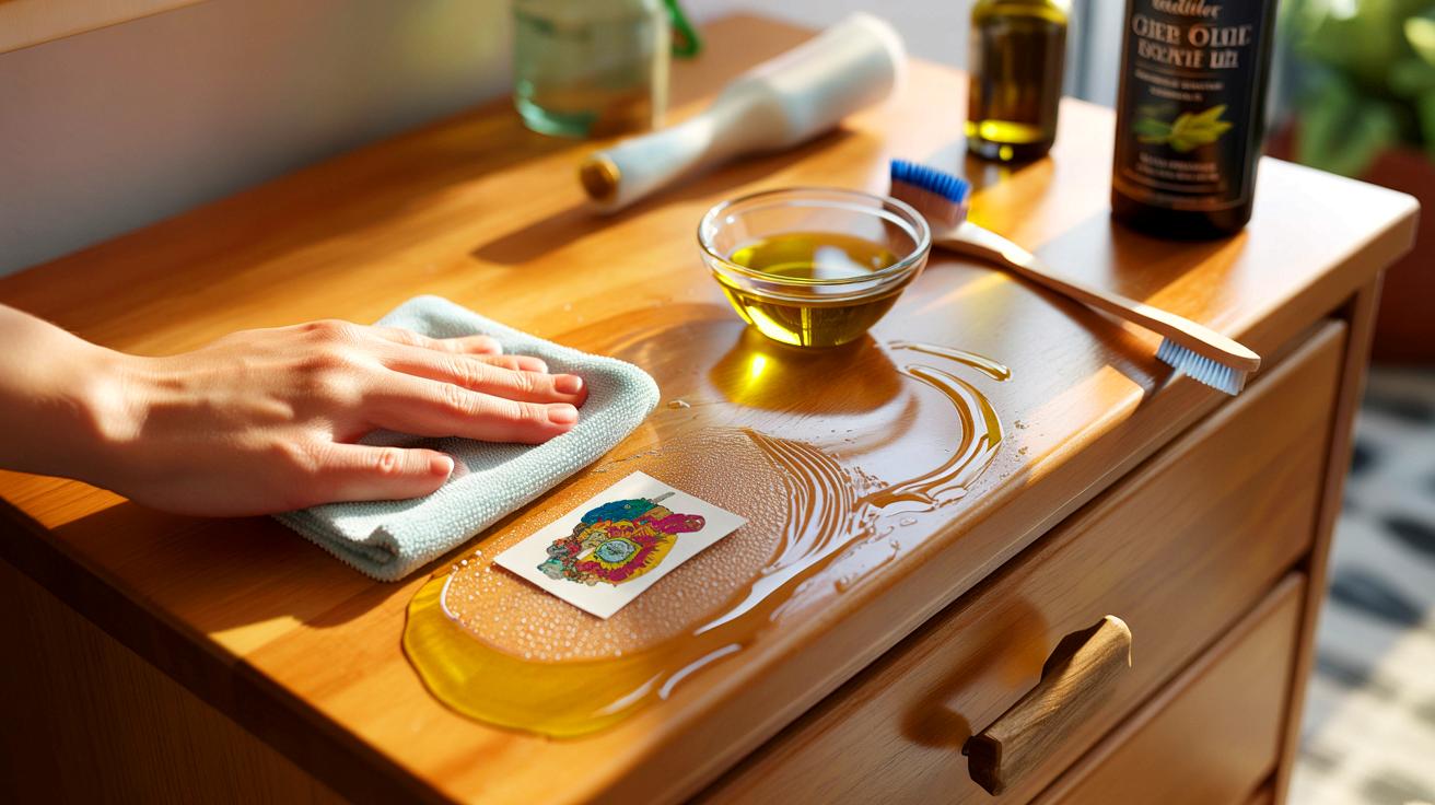 Voici l&rsquo;astuce à l&rsquo;huile d&rsquo;olive : 30 ml suffisent pour retirer les résidus de stickers sur le bois sans solvants agressifs