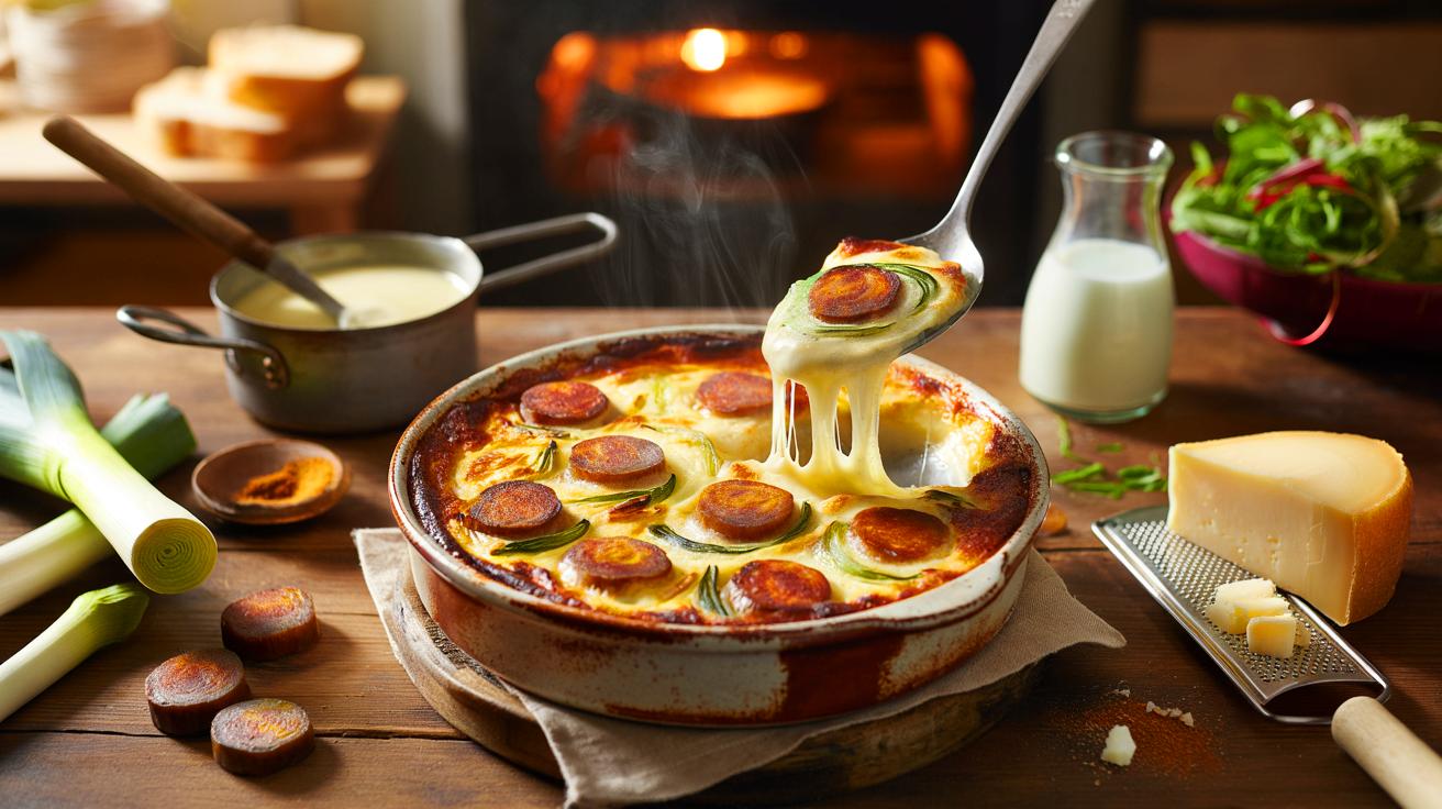 Voici le gratin d’automne poireaux-chorizo à 180°C qui réchauffe la table: une béchamel soyeuse, 50 cl de lait et croûte dorée