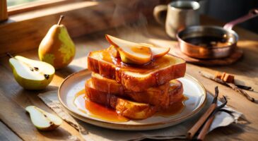 Voici le pain perdu brioché aux poires qui réchauffe l’automne : 4 tranches dorées, 2 poires, et un matin tout en douceur