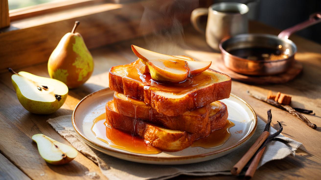Voici le pain perdu brioché aux poires qui réchauffe l’automne : 4 tranches dorées, 2 poires, et un matin tout en douceur