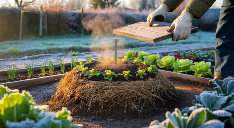 Ce compost chaud vu en novembre 2025 permet de jardiner toute l&rsquo;année sans serre, même quand le gel s&rsquo;installe au potager