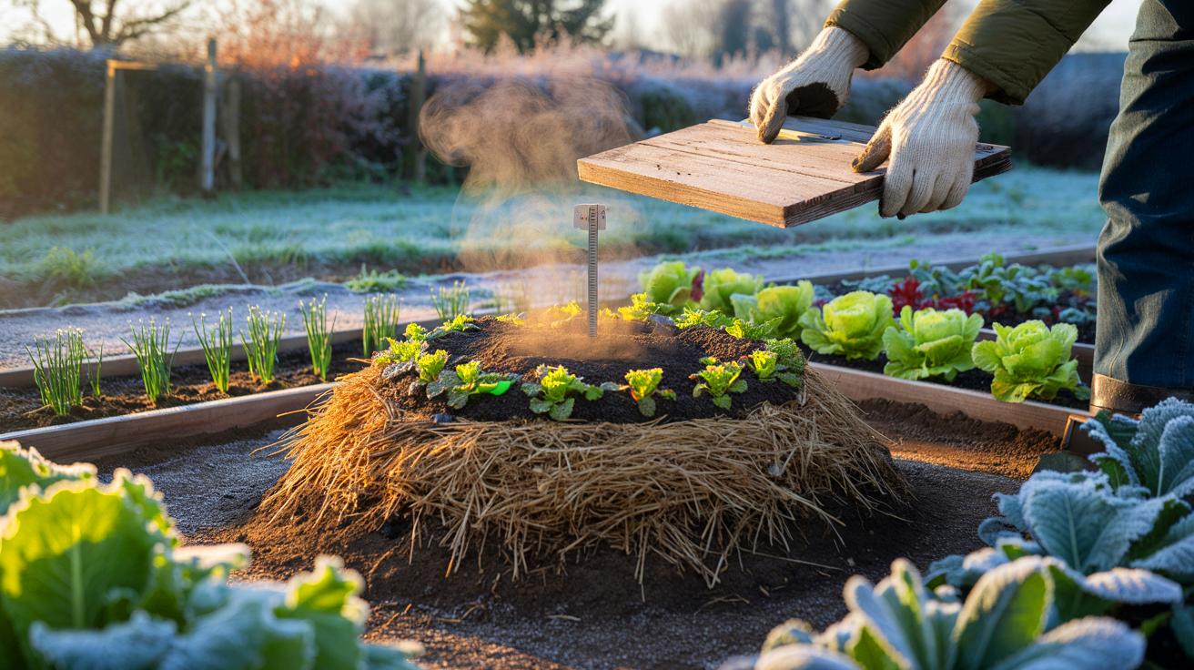 Ce compost chaud vu en novembre 2025 permet de jardiner toute l&rsquo;année sans serre, même quand le gel s&rsquo;installe au potager