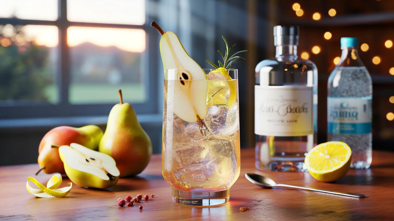 Ce Pear Collins à la poire fraîche en novembre 2025, un classique au citron et aux bulles qui intrigue les amateurs de gin