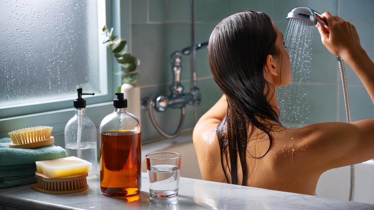 Ce vinaigre de cidre rangé sous l’évier s’invite en novembre 2025 dans la salle de bain et promet des cheveux moins ternes