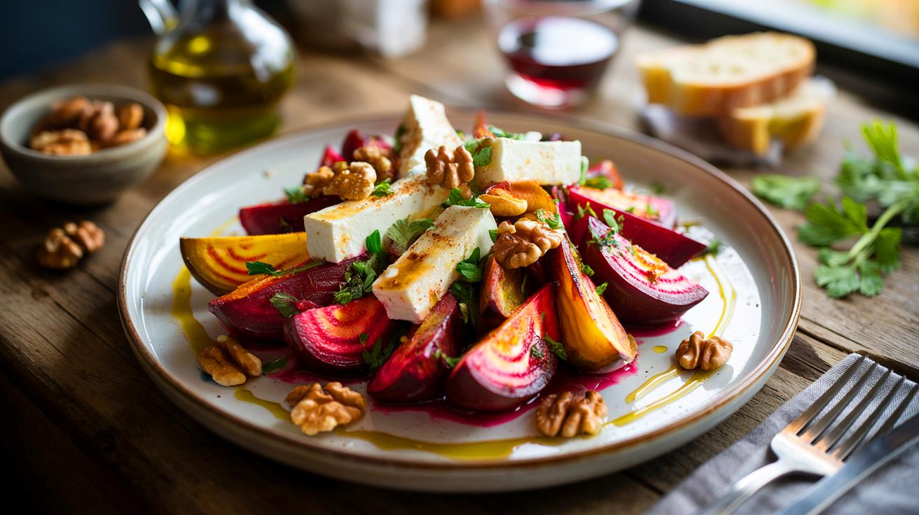 Voici la salade d&rsquo;automne aux betteraves rôties et feta qui intrigue en novembre 2025, simple à préparer et irrésistible avec ses noix