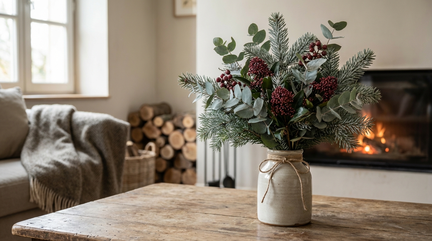 Ce bouquet de noël nordique bluffant se fait en 10 minutes avec ces branches du jardin, sans rien acheter