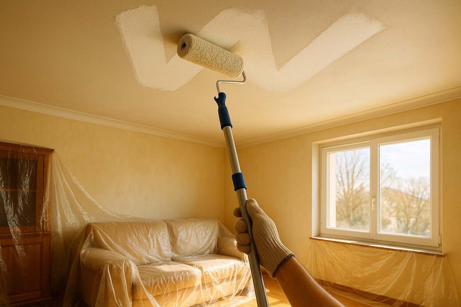 Ce geste méconnu au rouleau donne un plafond blanc comme neige sans traces et presque personne ne l&rsquo;utilise