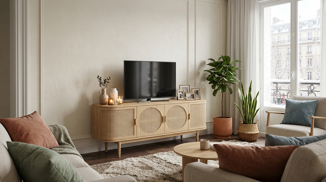 Salon d’hiver : ce meuble TV en bois et cannage à prix cassé métamorphose votre coin télé, mais il faut se dépêcher