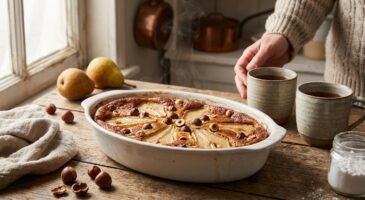 Ce clafoutis poires noisettes ultra fondant se prépare sans prise de tête et peut sauver vos goûters d’hiver