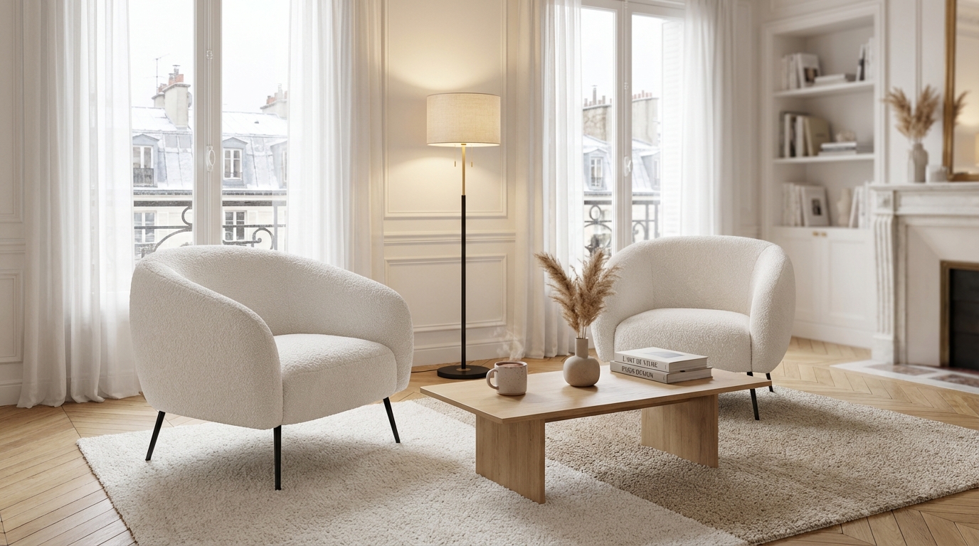 Ce duo de fauteuils en bouclette, moins cher qu’un pouf en velours, change votre salon cocooning avant fin janvier