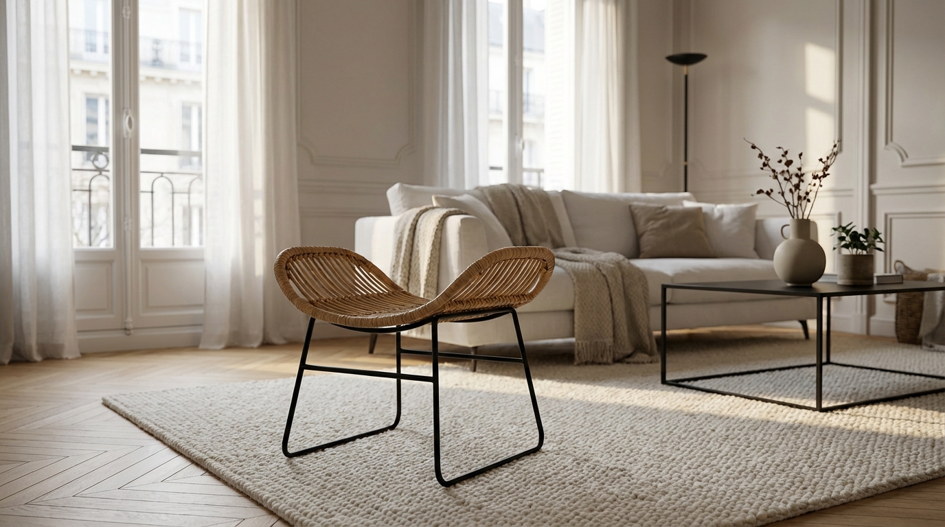 Ce tabouret en rotin artisanal au look galerie transforme votre salon, son prix va vous surprendre