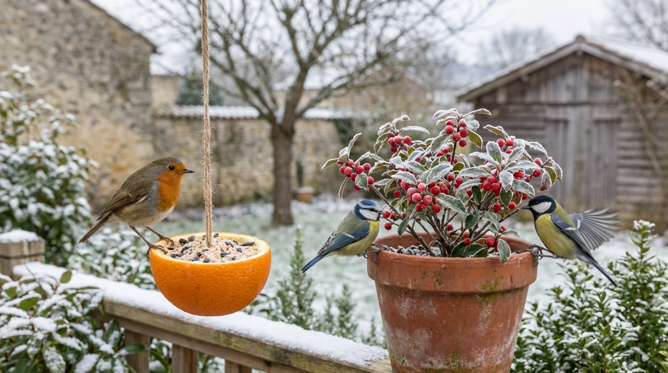 Jardin désert en hiver : sans cette mangeoire maison placée près d’un arbuste, les oiseaux ne reviendront pas