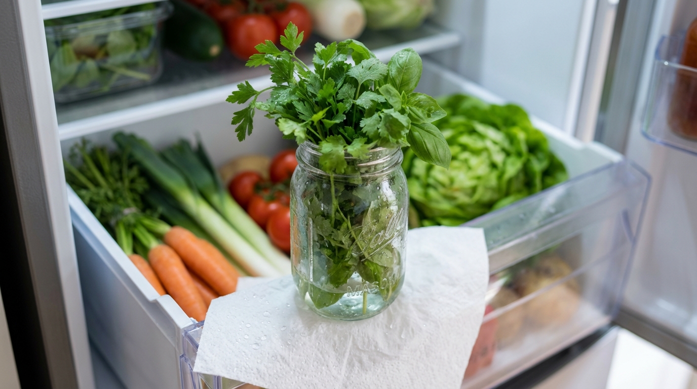 Je jetais mes herbes chaque semaine : cette erreur au frigo que vous faites aussi, et le geste qui les garde 3 semaines