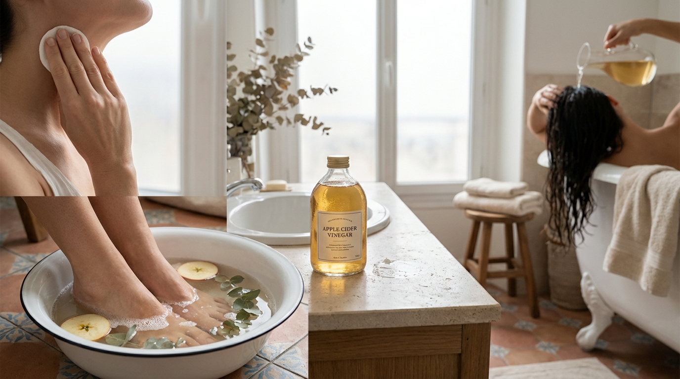 Vinaigre de cidre : 6 gestes beauté méconnus pour peau, cheveux et pieds, à adopter d&rsquo;urgence en sortant de l&rsquo;hiver