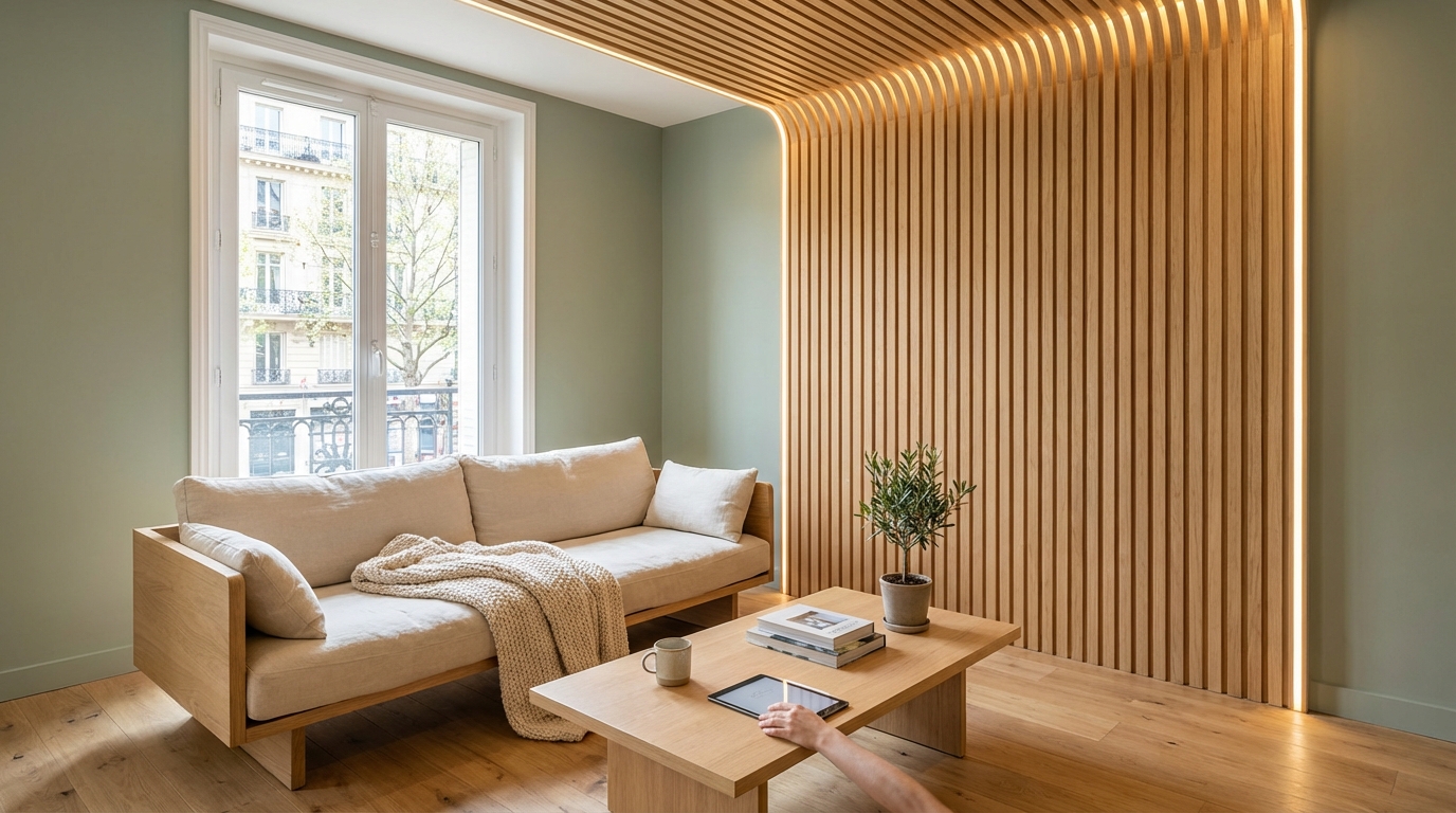 Avant de sortir le rouleau, voici la tendance plafond en bois ultra graphique qui change tout au salon