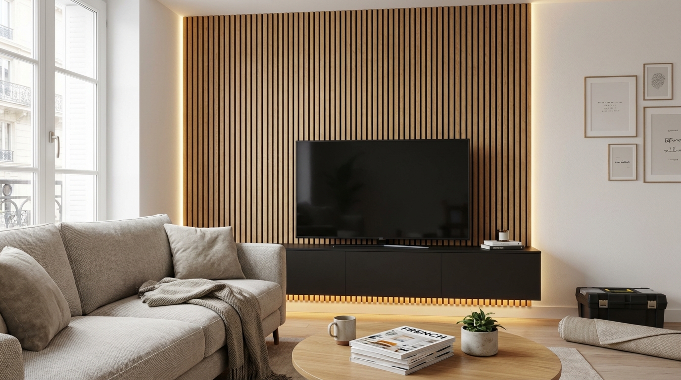 Castorama : ce panneau à tasseaux à 49,90 € change un mur blanc en décor haut de gamme avant la fin de la promo