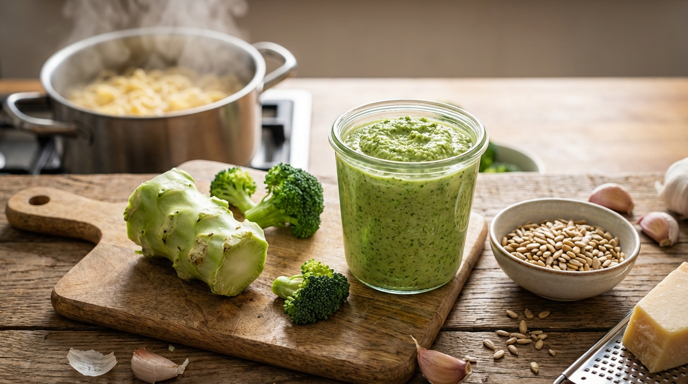 Ce légume d’hiver qu’on jette d’habitude transforme vos pâtes en pesto ultra-onctueux et fait oublier le basilic