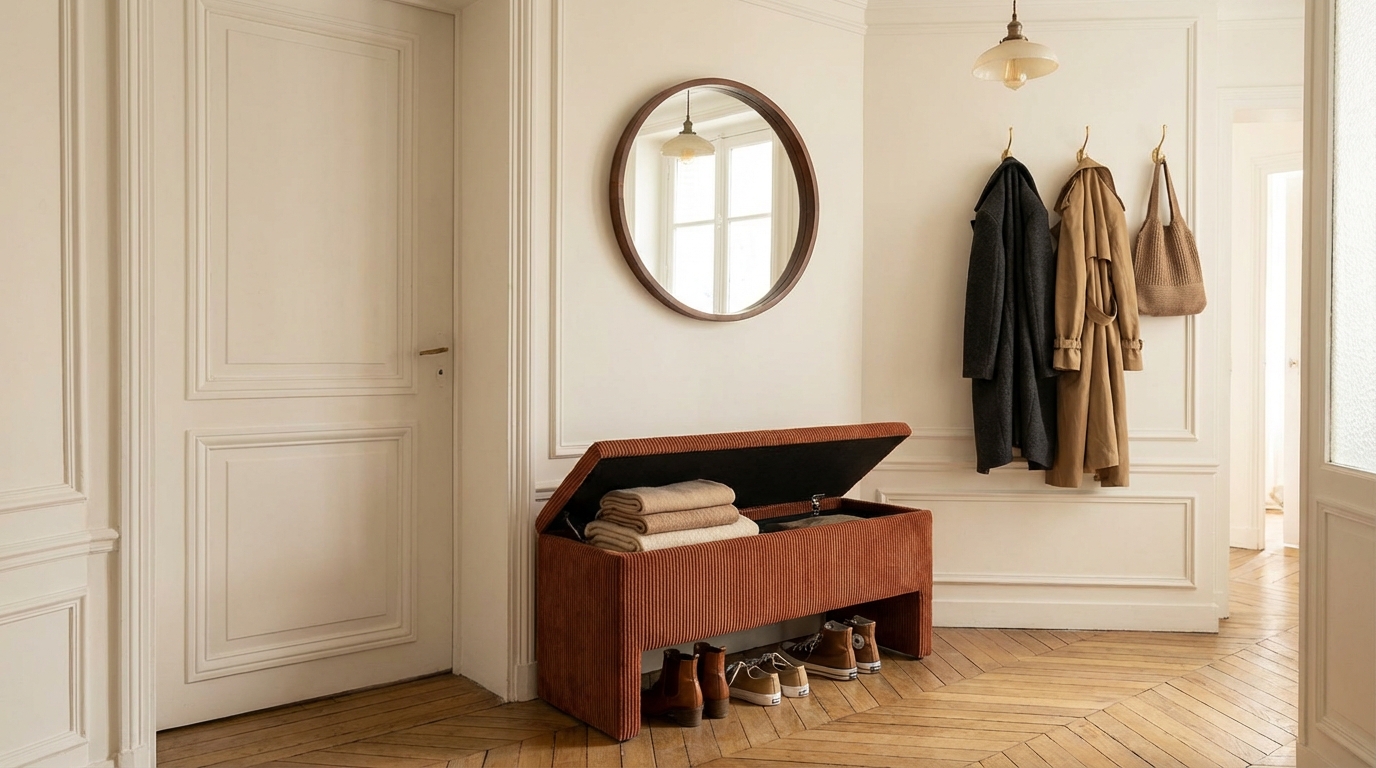 Entrée encombrée : ce banc coffre à 30 € chez Maxi Bazar change tout sans travaux (et il se plie en un geste)
