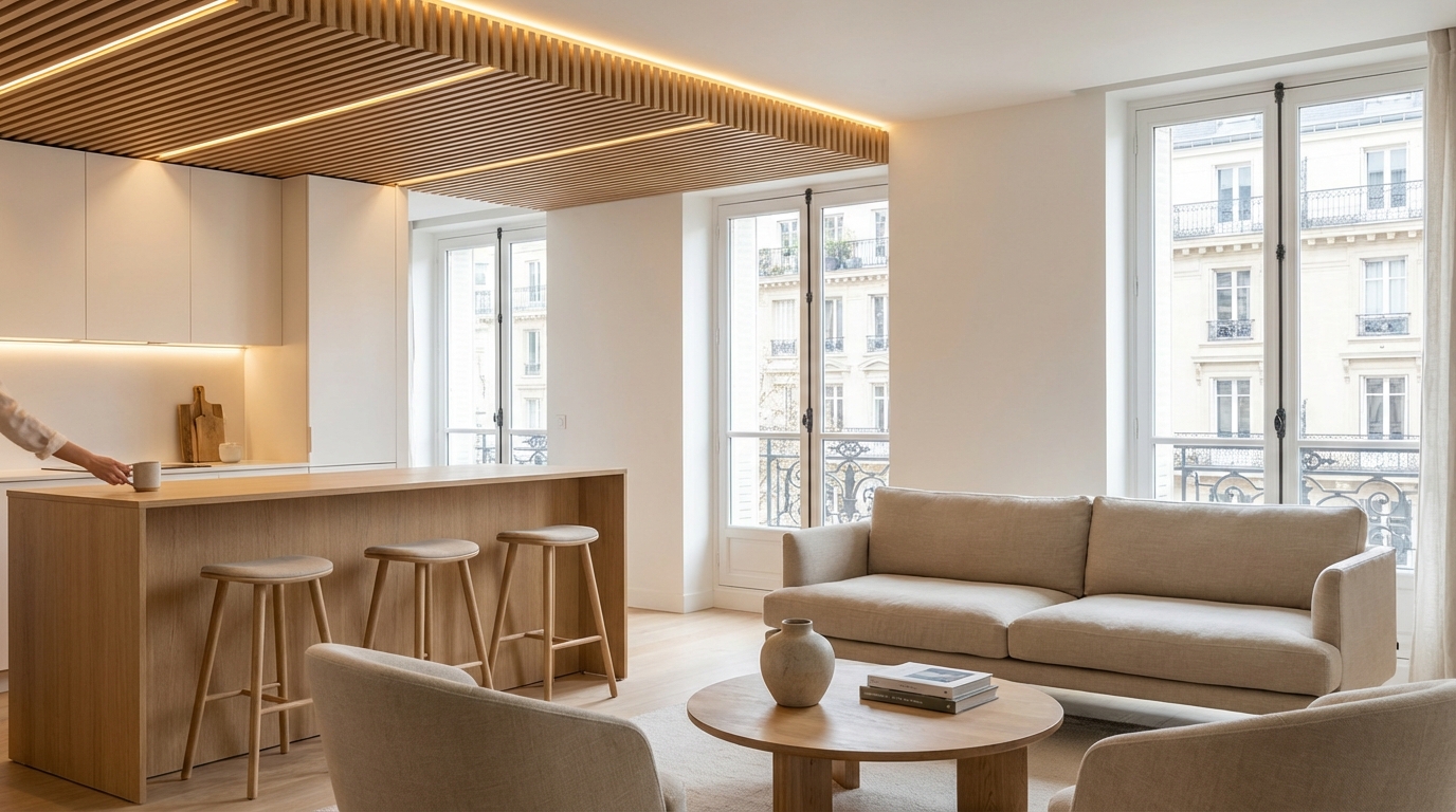 Plafond blanc interdit en 2025 : ce bois au plafond, posé à cet endroit précis, métamorphose votre salon