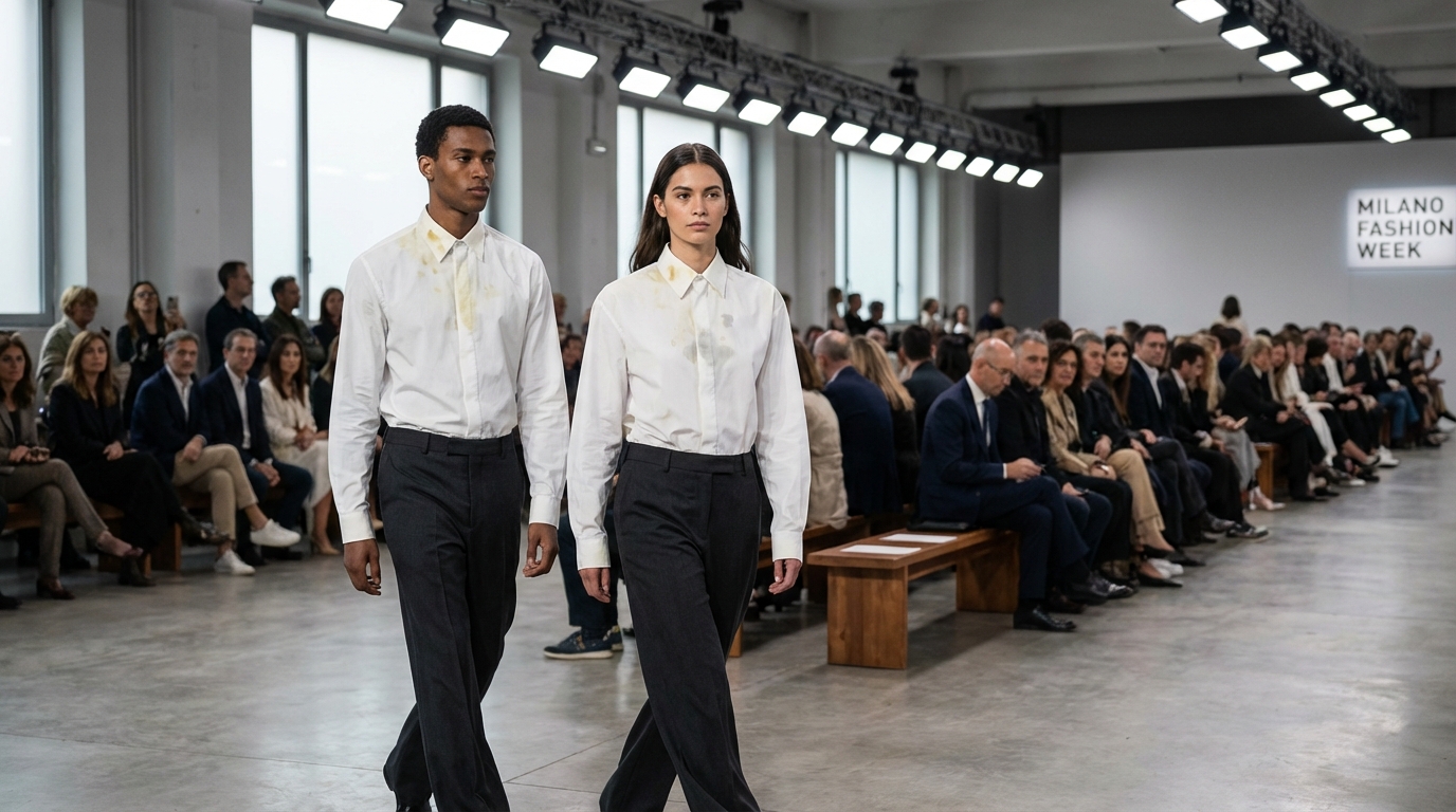 Prada choque la Fashion Week 2026 avec des chemises tachées : erreur impardonnable ou manifeste assumé ?