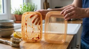 Ras-le-bol de vos boîtes en plastique orangées ? Avant de les jeter, essayez cette astuce avec 2 ingrédients sans frotter