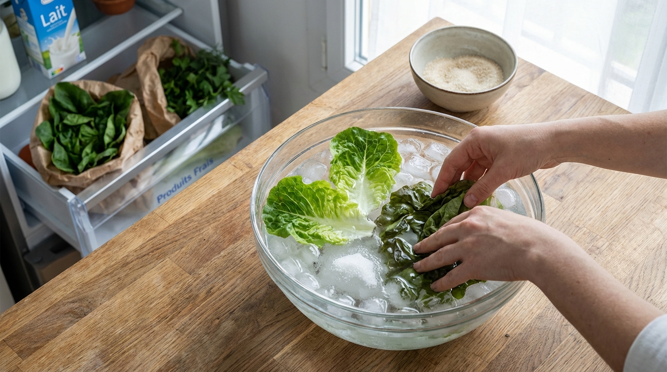 Salade flétrie : ne faites plus l’erreur de la jeter, ce bain minute méconnu lui rend tout son croquant