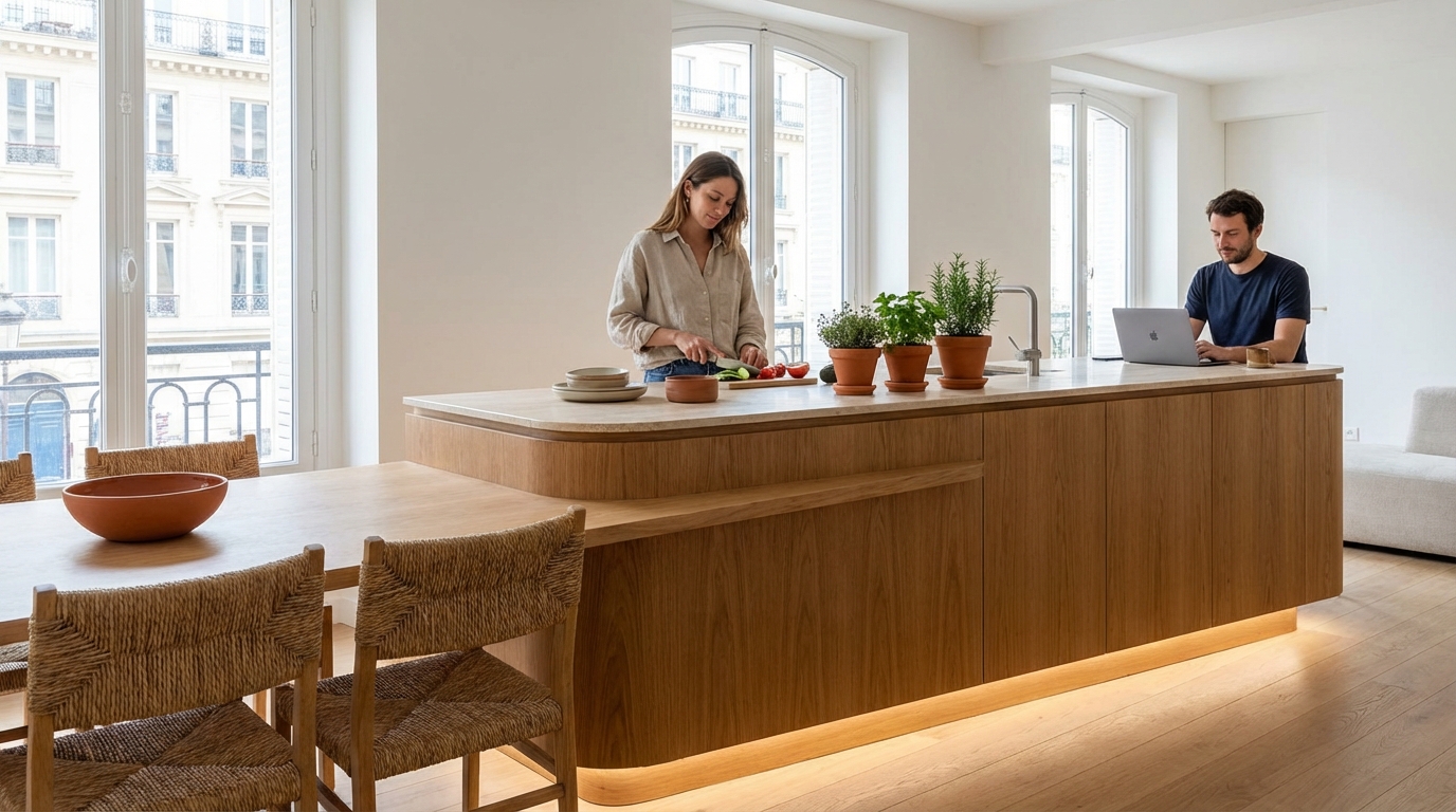 Si votre cuisine a encore un îlot central, les architectes conseillent de le remplacer par ce nouvel aménagement