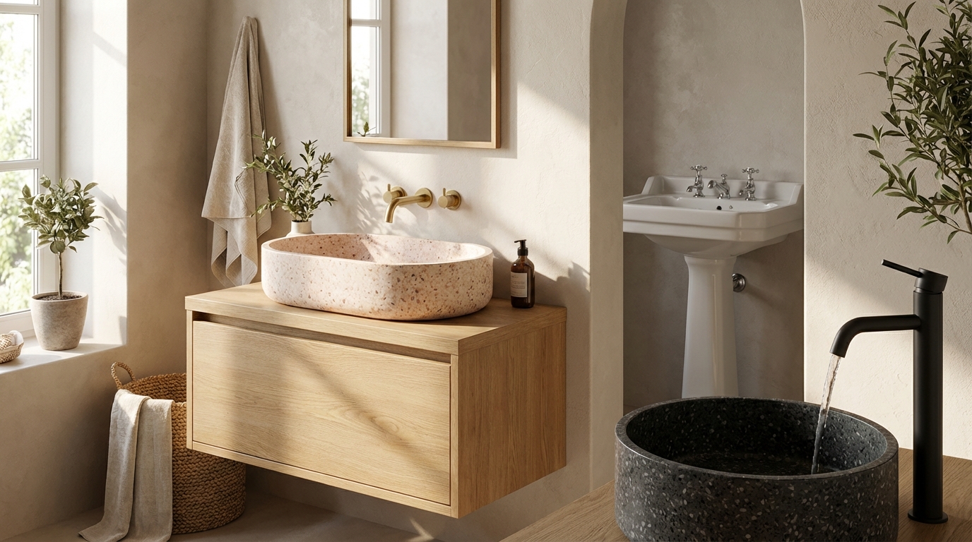 Si votre salle de bain a encore une vasque blanche, vous ratez en 2026 cette matière mouchetée tendance