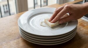 Assiettes blanches couvertes de rayures grises : ce produit du placard les fait disparaître en quelques secondes