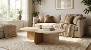 Cette table basse bois et pierre naturelle que tous les décorateurs conseillent ce printemps change tout dans le salon