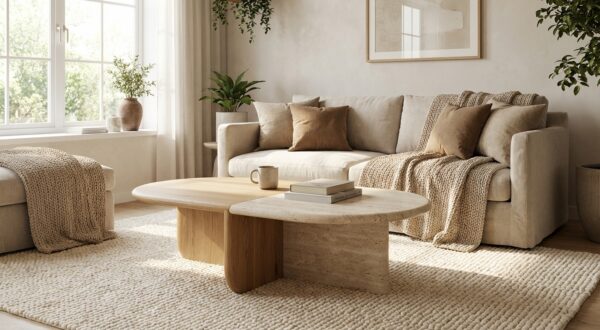 Cette table basse bois et pierre naturelle que tous les décorateurs conseillent ce printemps change tout dans le salon