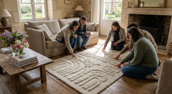Si vous avez encore un tapis berbère au salon, ce tapis texturé à la place change tout et fait craquer vos invités