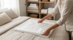 Arrêtez de rouler vos draps-housses en boule : ce pli secret les transforme en rectangles parfaits dans le placard